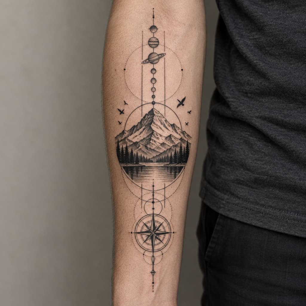 geo metric forearm tattoo hiking mt rainer planets and birds and lines and compass at bottom of lines