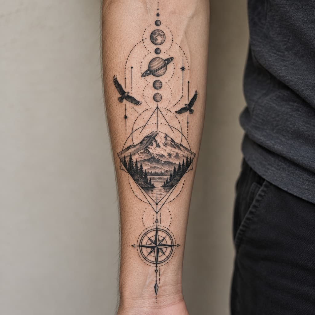 geo metric forearm tattoo hiking mt rainer planets and birds and lines and compass at bottom of lines