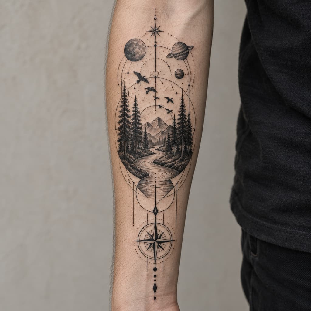 geo metric forearm tattoo of trees, river, planets and birds and lines and compass at bottom of lines