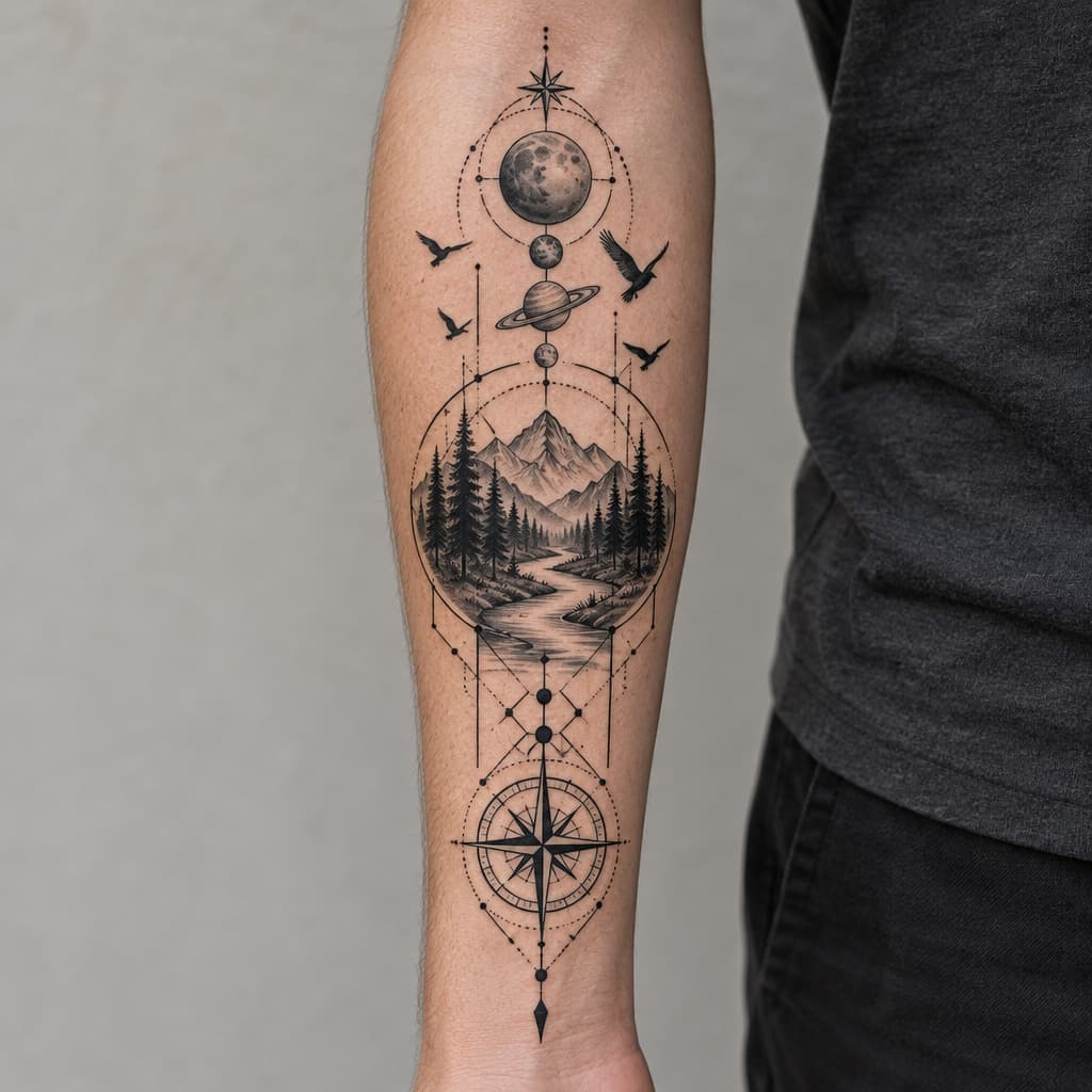 geo metric forearm tattoo of trees, river, planets and birds and lines and compass at bottom of lines