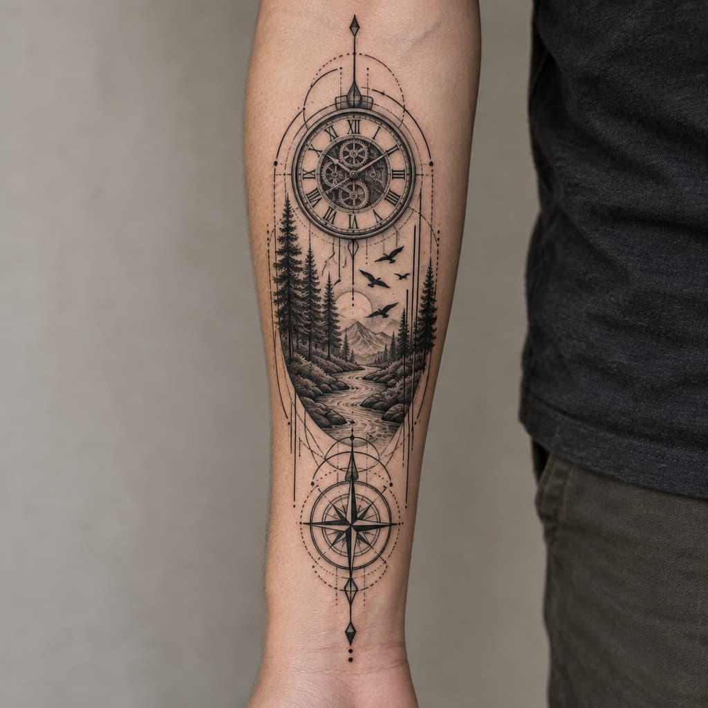 geo metric forearm tattoo of mecanical clock, trees, river, birds, lines and compass at bottom of lines