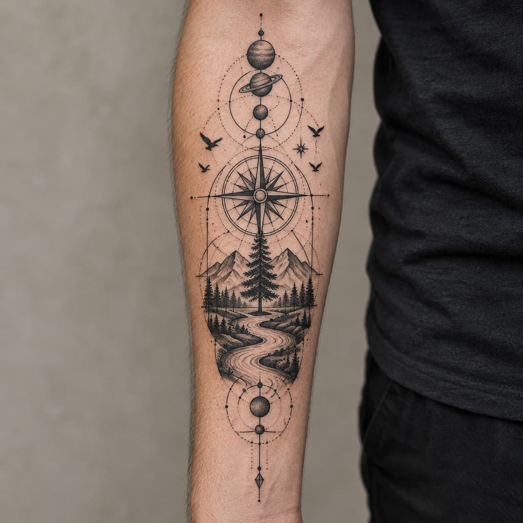 geo metric forearm tattoo of compass, river, tree, birds, planets