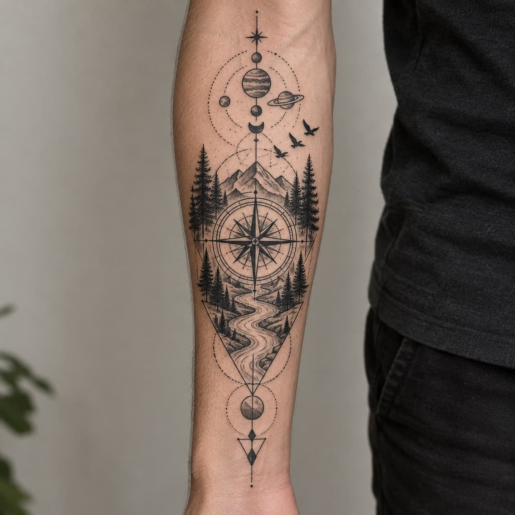 geo metric forearm tattoo of compass, river, trees, birds, planets