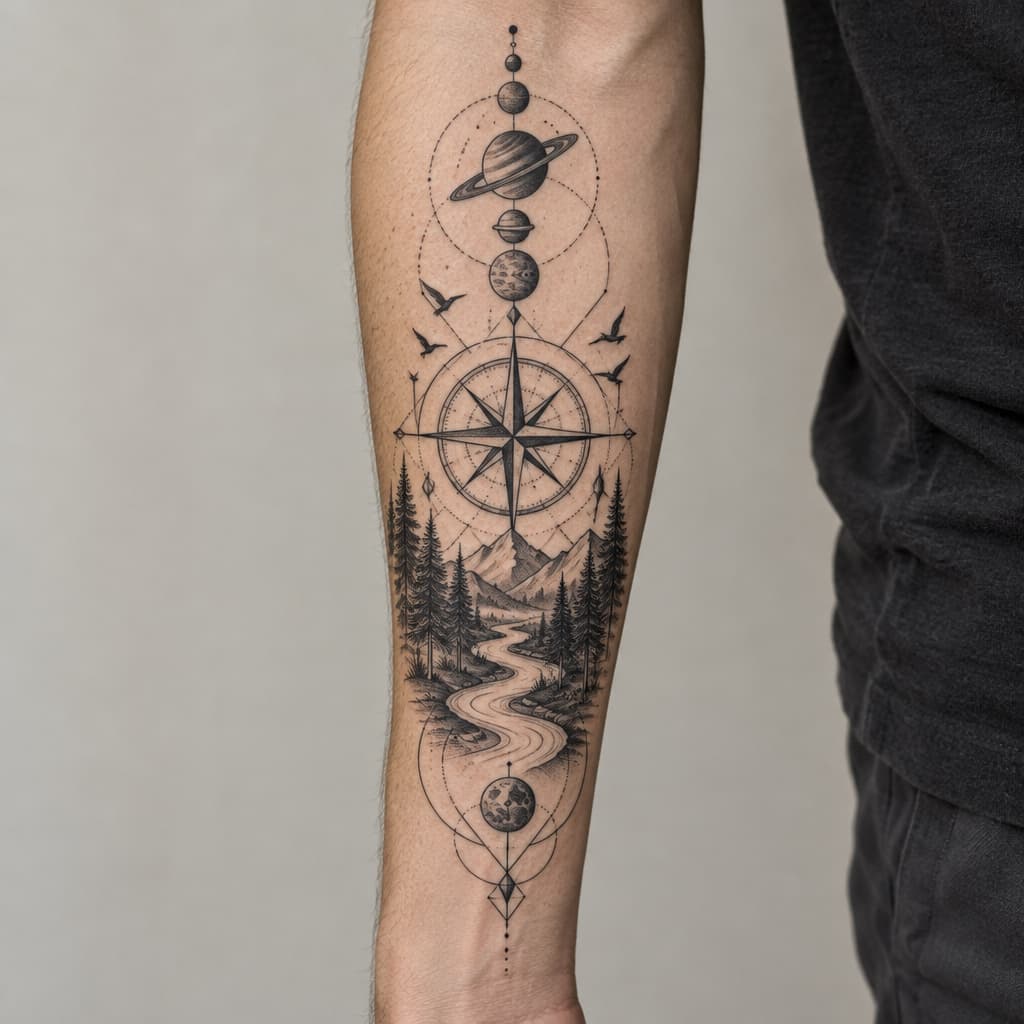 geo metric forearm tattoo of compass, river, trees, birds, planets