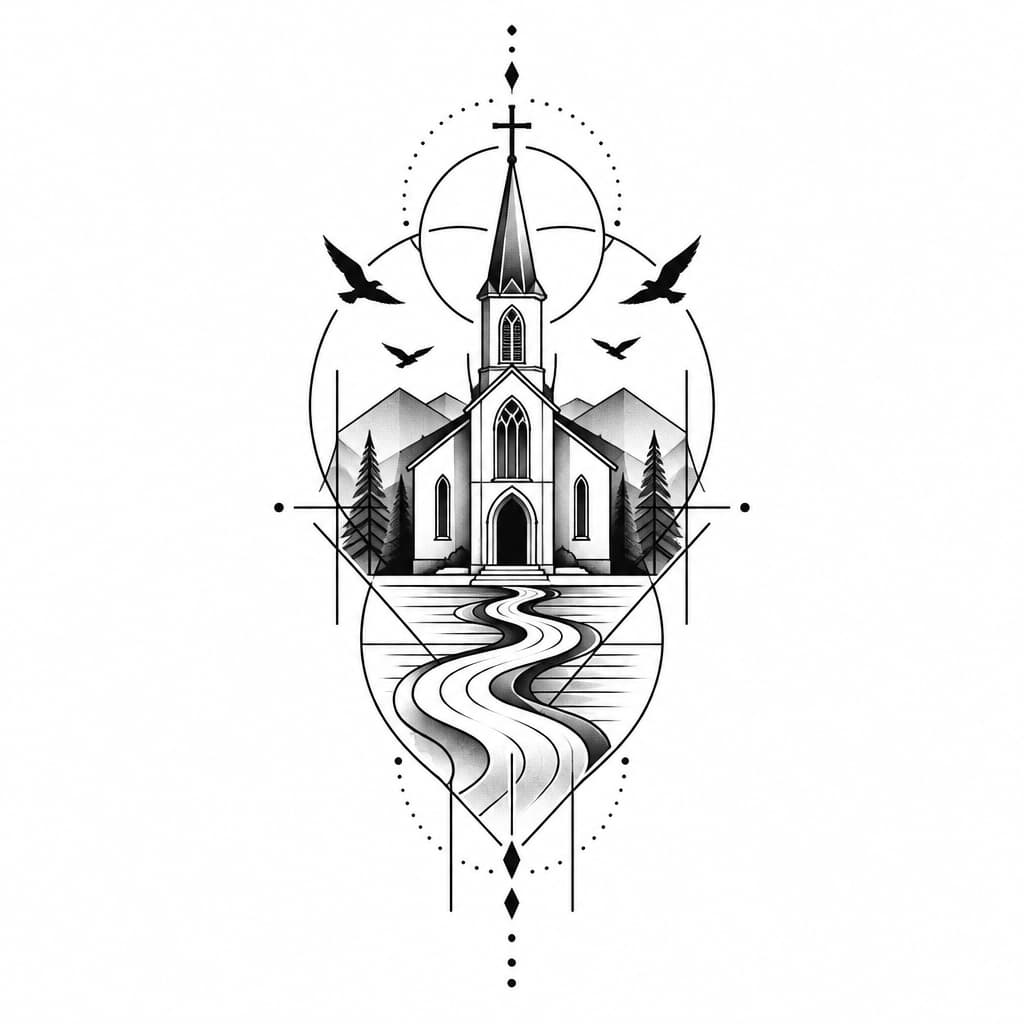 geo metric forearm tattoo church with birds and river with lines