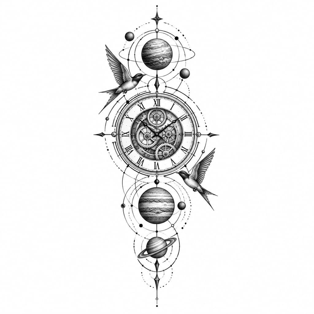 geo metric forearm tattoo on mecanical clock with birds and planets