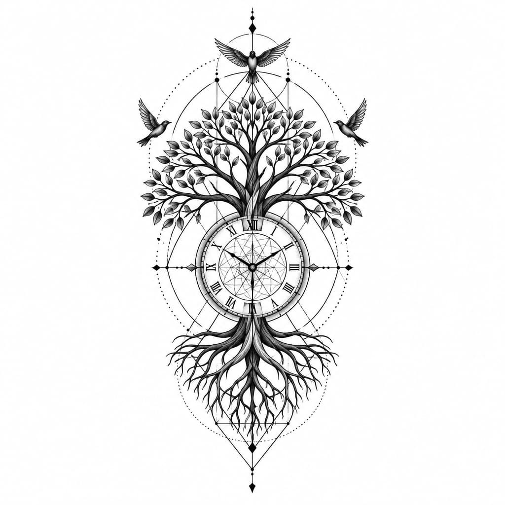 geo metric forearm tattoo of tree of life with clock and birds