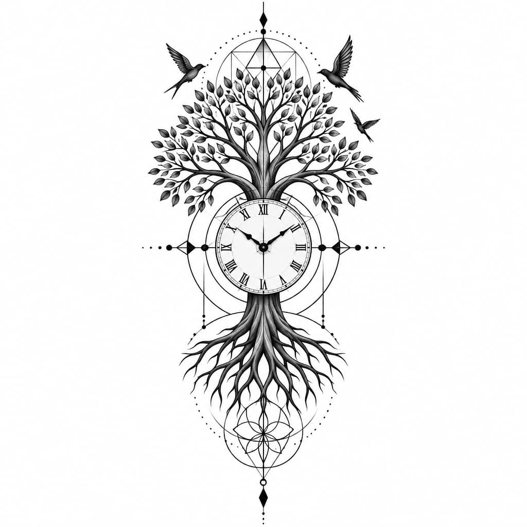 geo metric forearm tattoo of tree of life with clock and birds