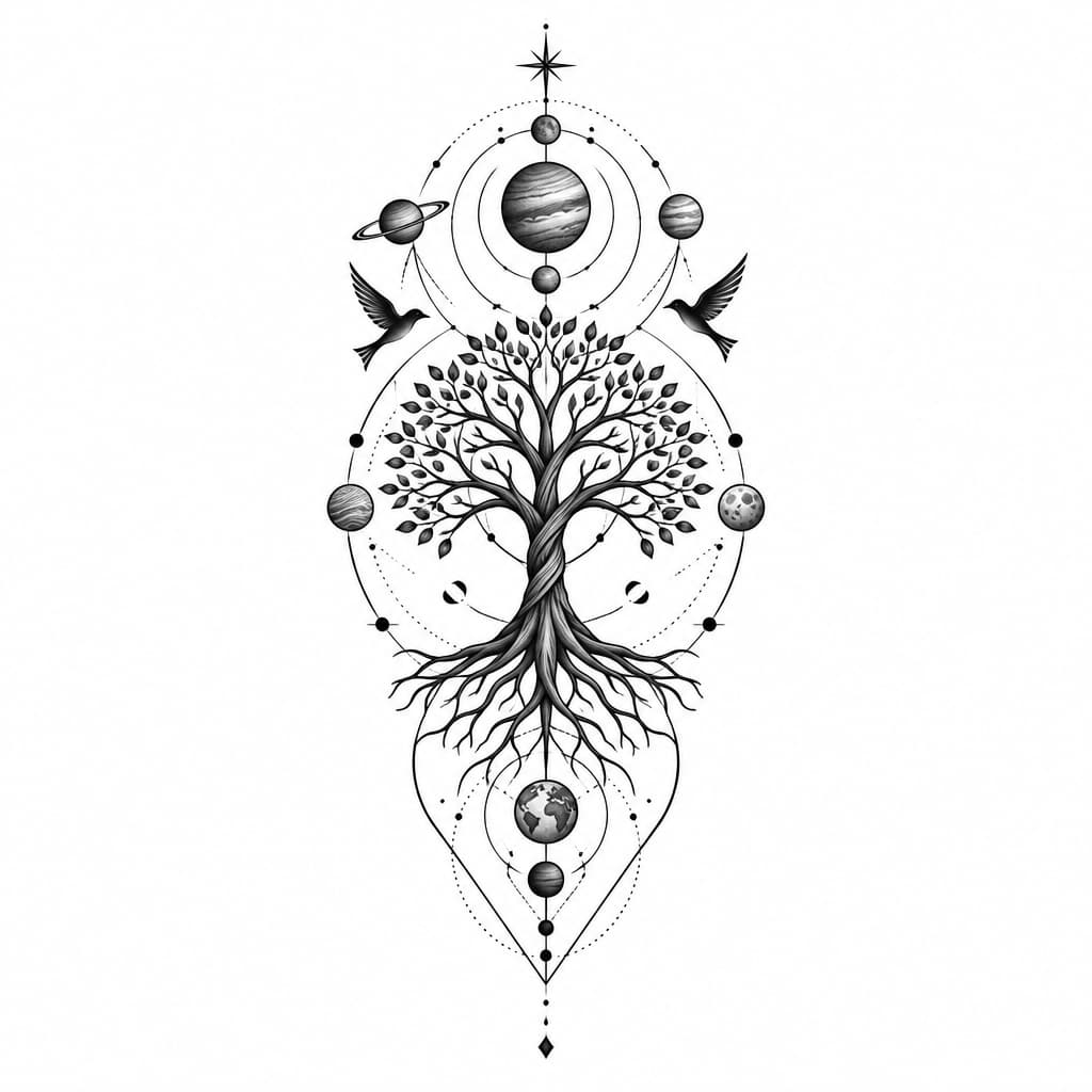 geo metric forearm tattoo of tree of life with birds lines and planets