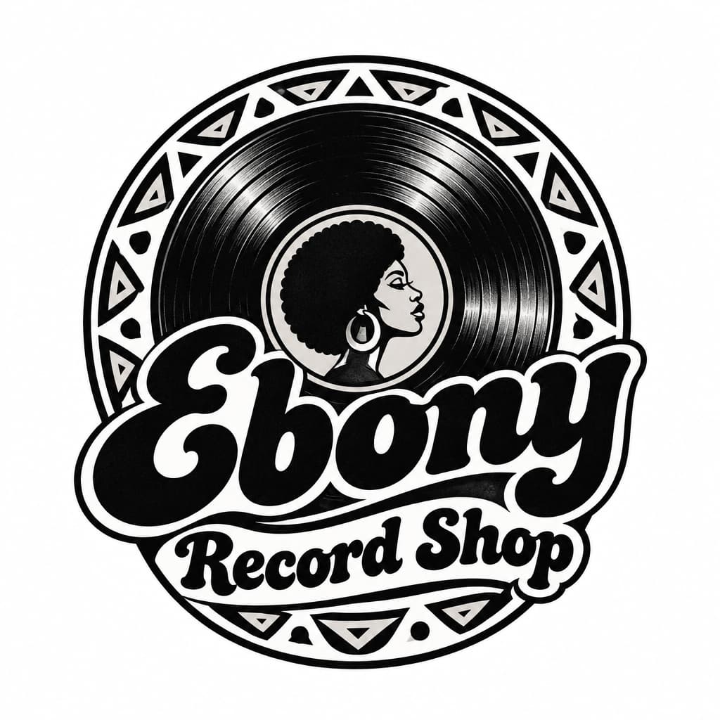 Retro 1968–73 logo 'Ebony Record Shop': groovy script, vinyl badge, Afrocentric pattern, bold black & sepia palette, tattoo-ready clean linework