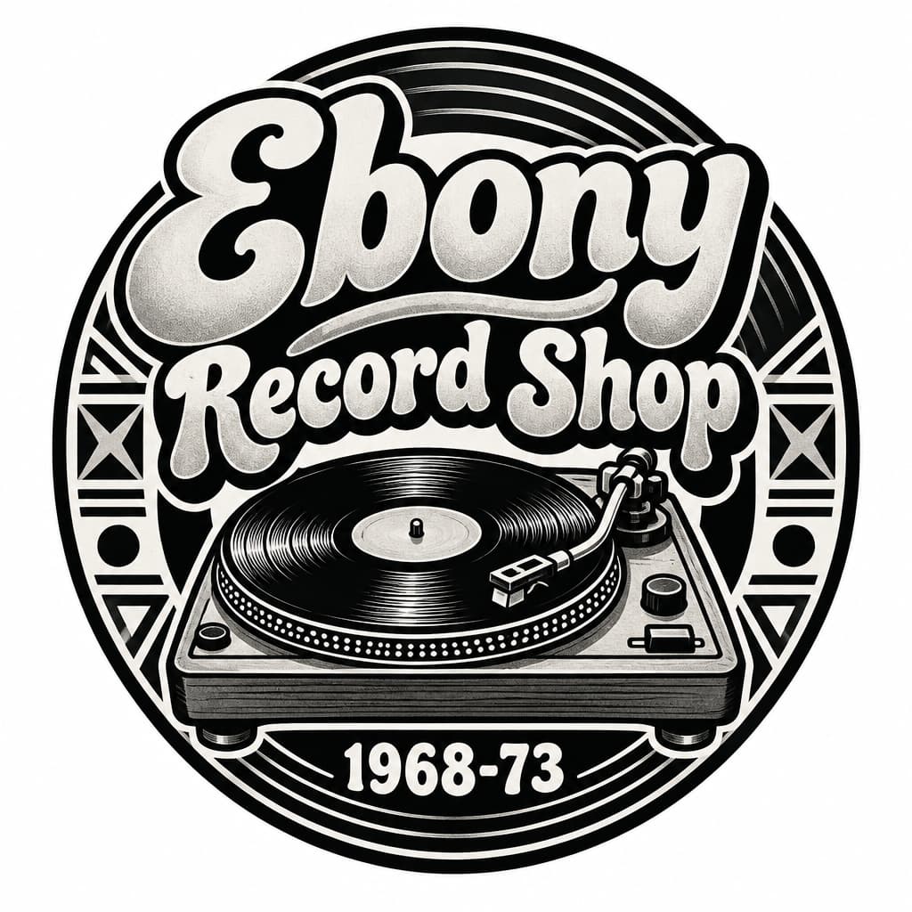 Ebony Record Shop 1968-73 logo: groovy script, vinyl badge with vintage turntable, Afrocentric motif, bold black&sepia, clean lines, no people