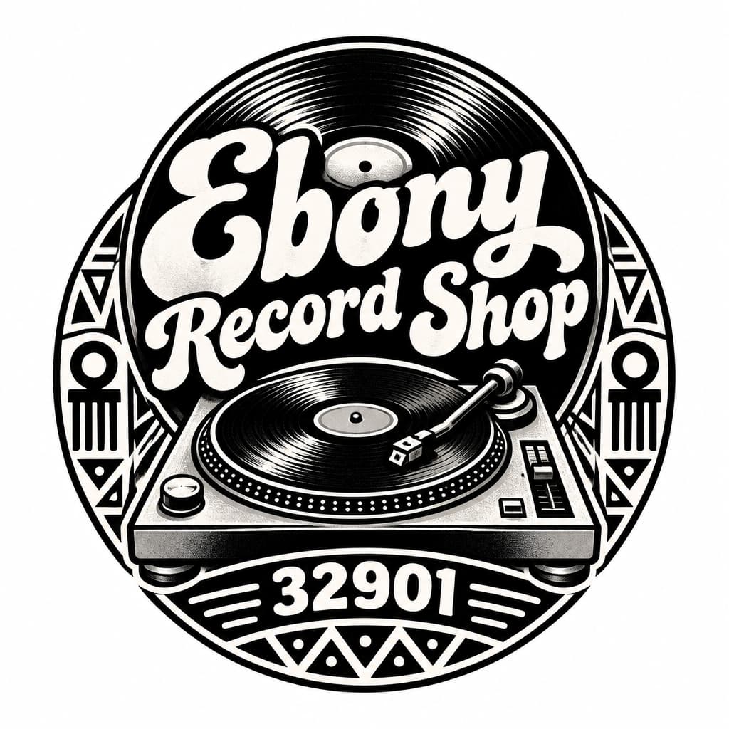 Ebony Record Shop 1968-73 logo: groovy script, vinyl badge with vintage turntable, Afrocentric motif, bold black&sepia, clean lines, no people instead of the year add the zip code for Melbourne Florida or the area code