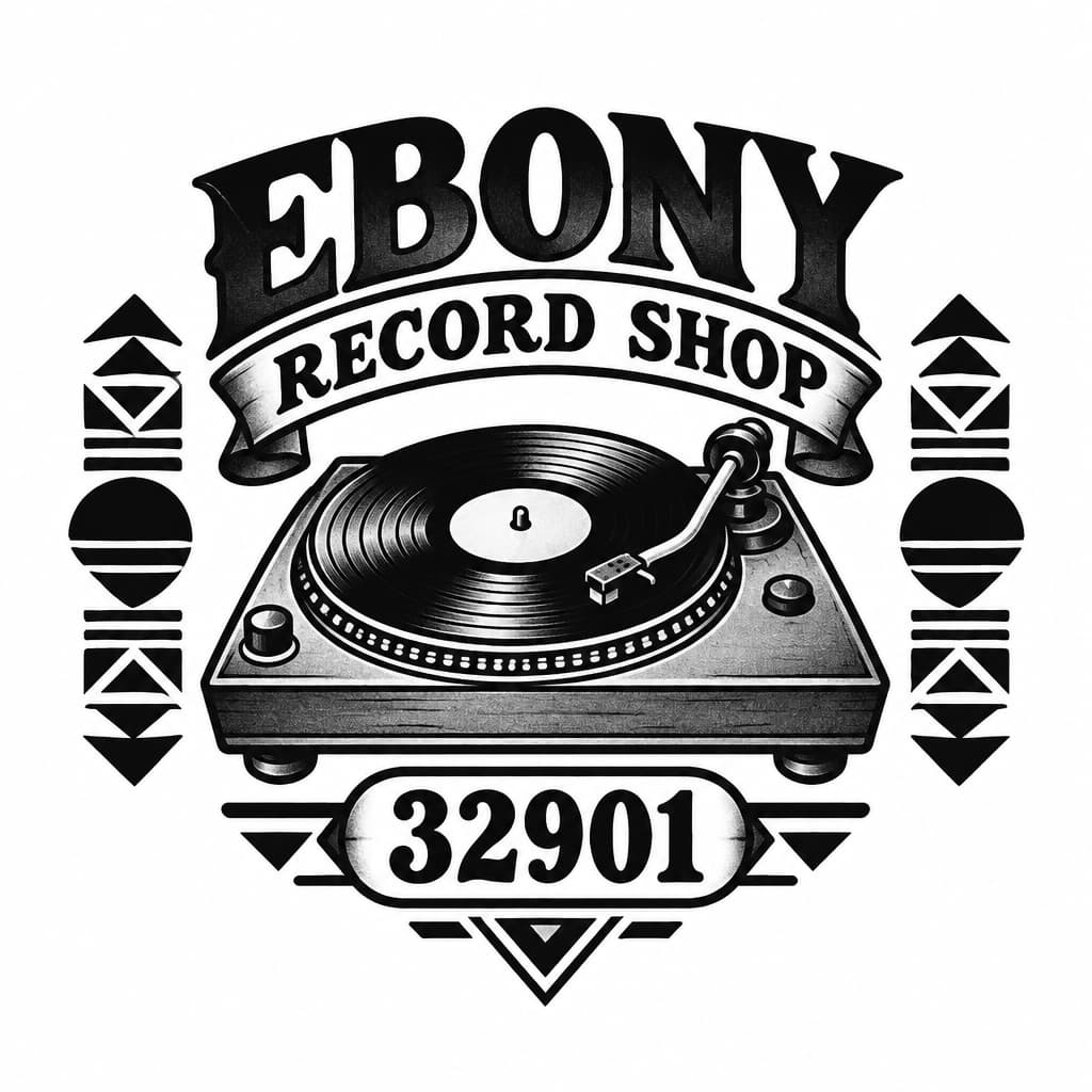 Ebony Record Shoplogo: vintage turntable, Afrocentric motif, add 32901, no people