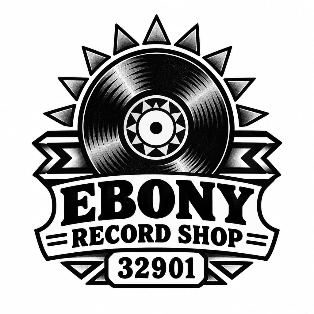 Ebony Record Shop logo: vintage record Afrocentric motif, add 32901, no people