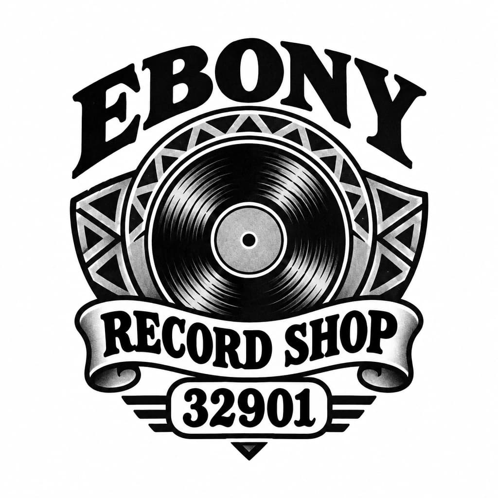 Ebony Record Shop logo: vintage record Afrocentric motif, add 32901, no people
