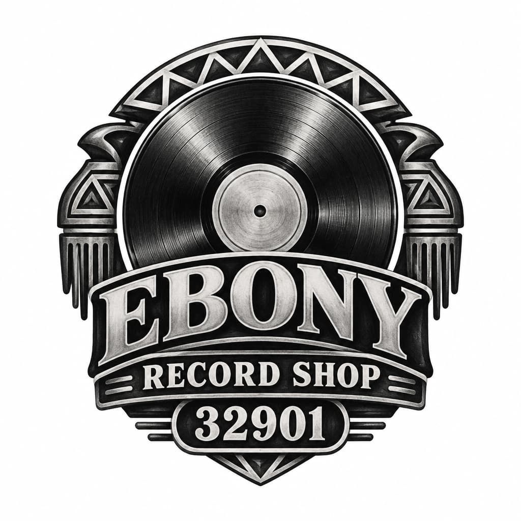 Ebony Record Shop logo: vintage record Afrocentric motif, add 32901, no people