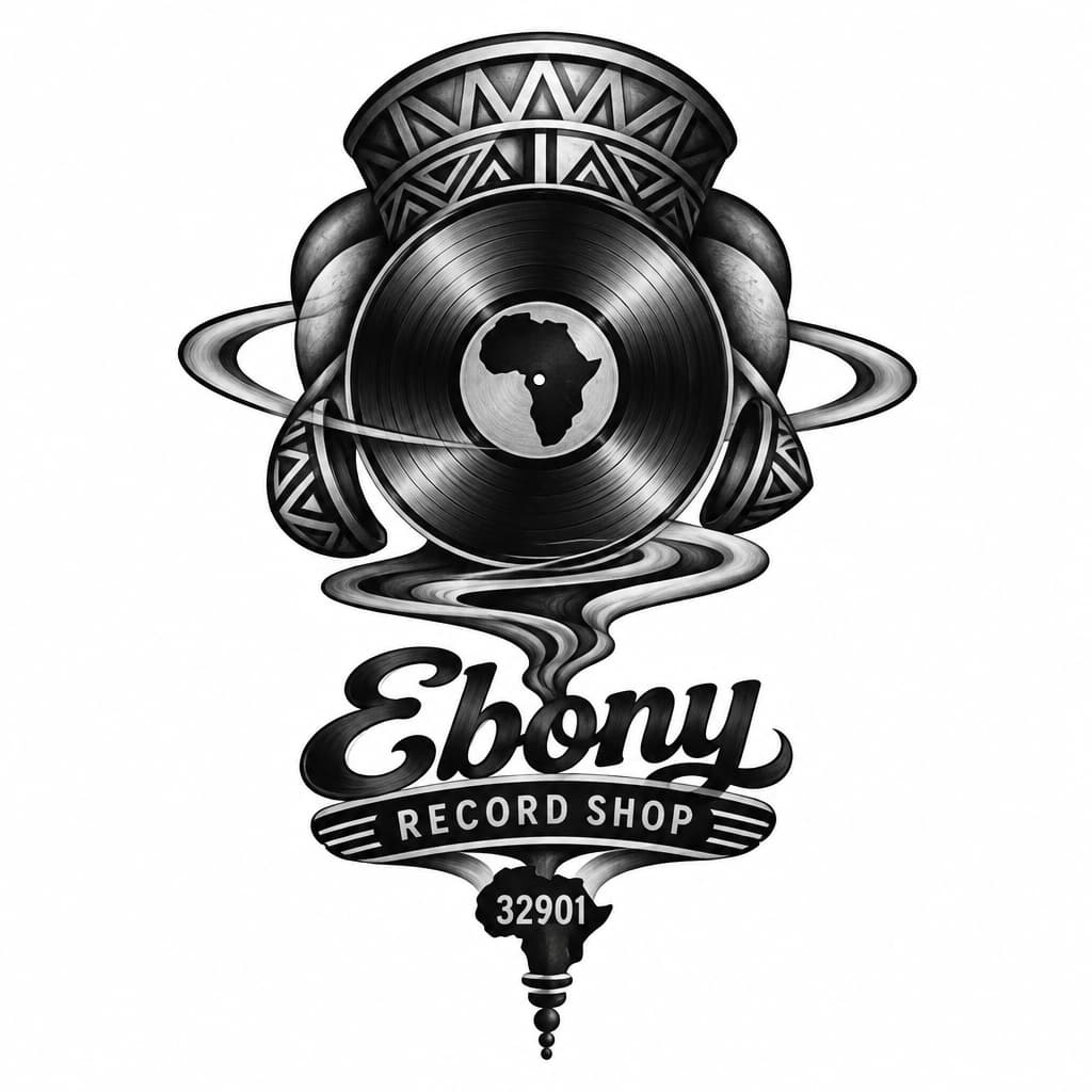 Ebony Record Shop logo: vintage record Afrocentric motif, add 32901, no people