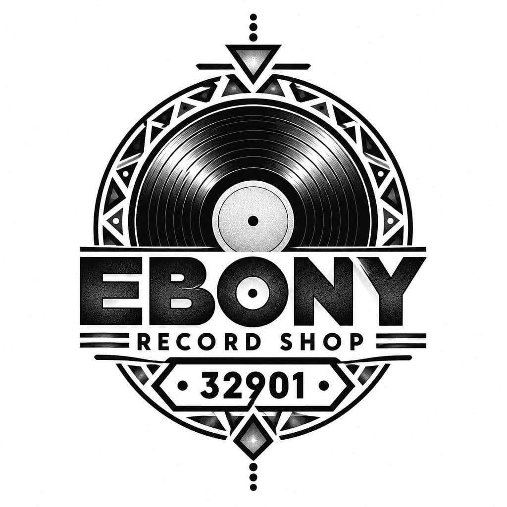 Ebony Record Shop logo: vintage record Afrocentric motif, add 32901, no people
