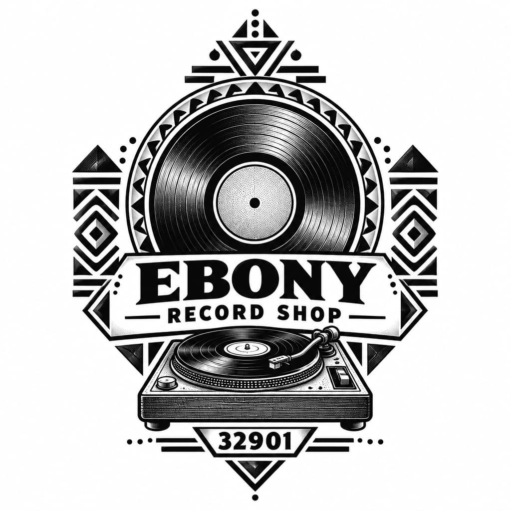 Ebony Record Shop logo: vintage record Afrocentric motif, add 32901, no people add a vintage record player
