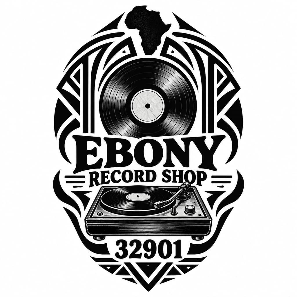 Ebony Record Shop logo: vintage record Afrocentric motif, add 32901, no people add a vintage record player