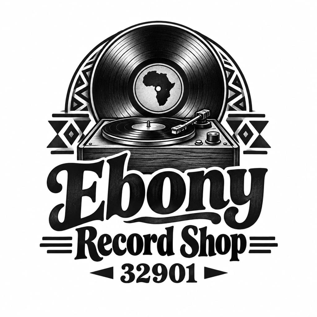 Ebony Record Shop logo: vintage record Afrocentric motif, add 32901, no people add a vintage record player