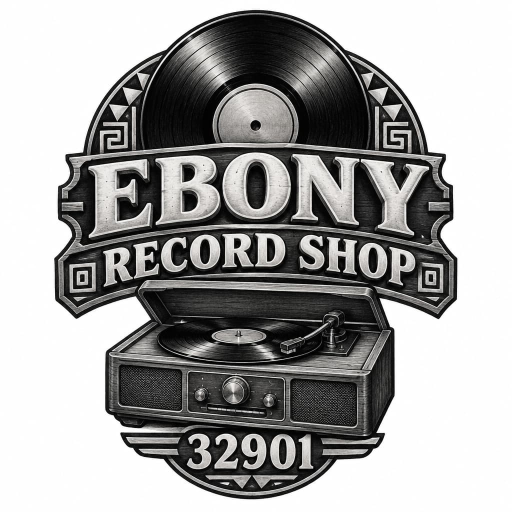 Ebony Record Shop logo: vintage record Afrocentric motif, add 32901, no people add a vintage record player make it into a vintage business sign