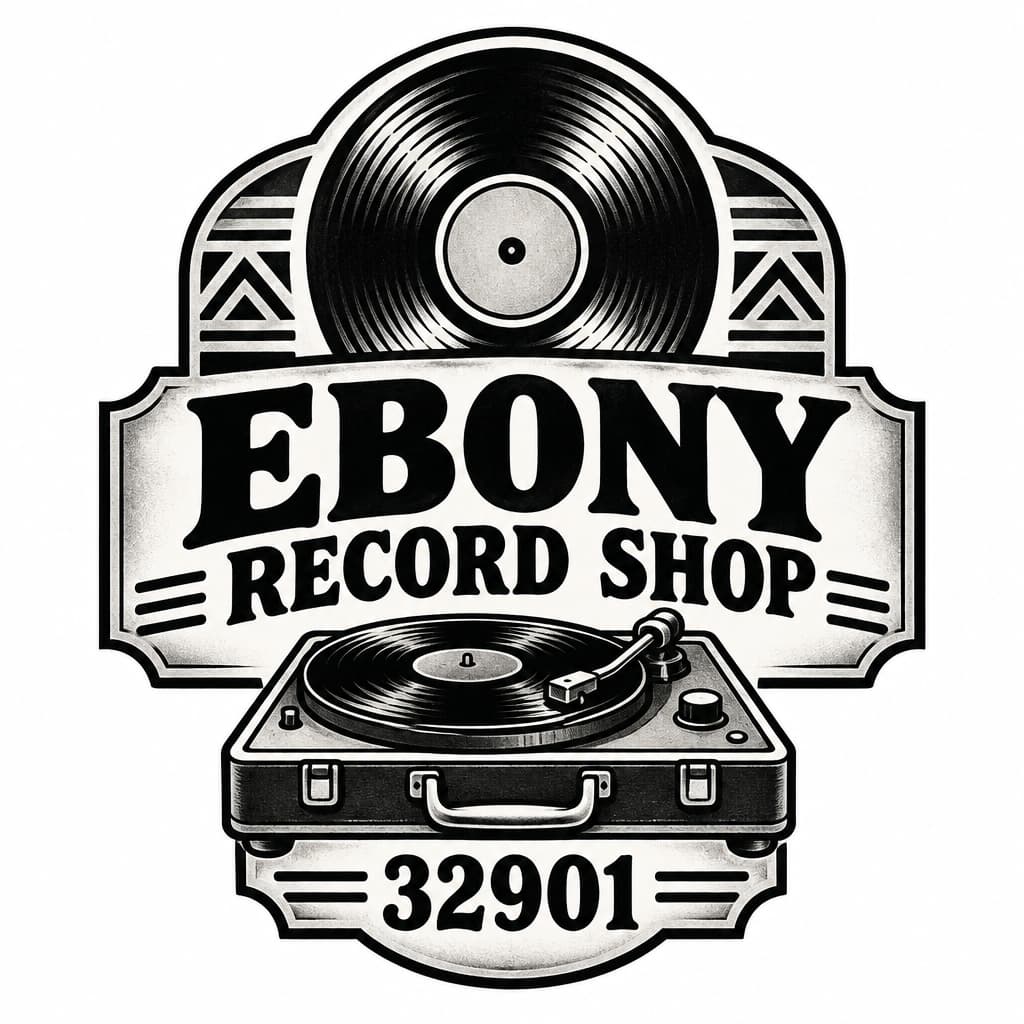 Ebony Record Shop logo: vintage record Afrocentric motif, add 32901, no people add a vintage record player make it into a vintage business sign