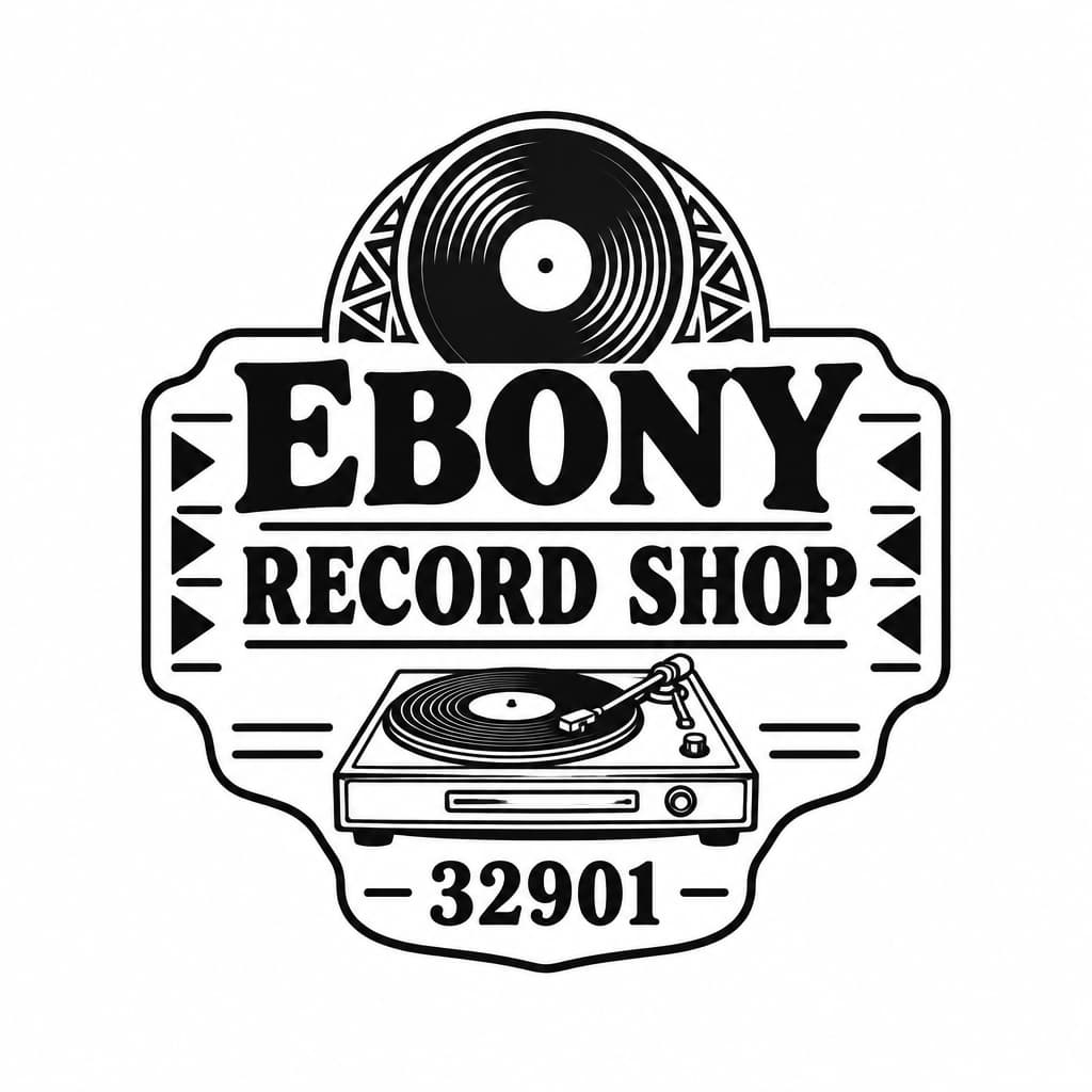 Ebony Record Shop logo: vintage record Afrocentric motif, add 32901, no people add a vintage record player make it into a vintage business sign
