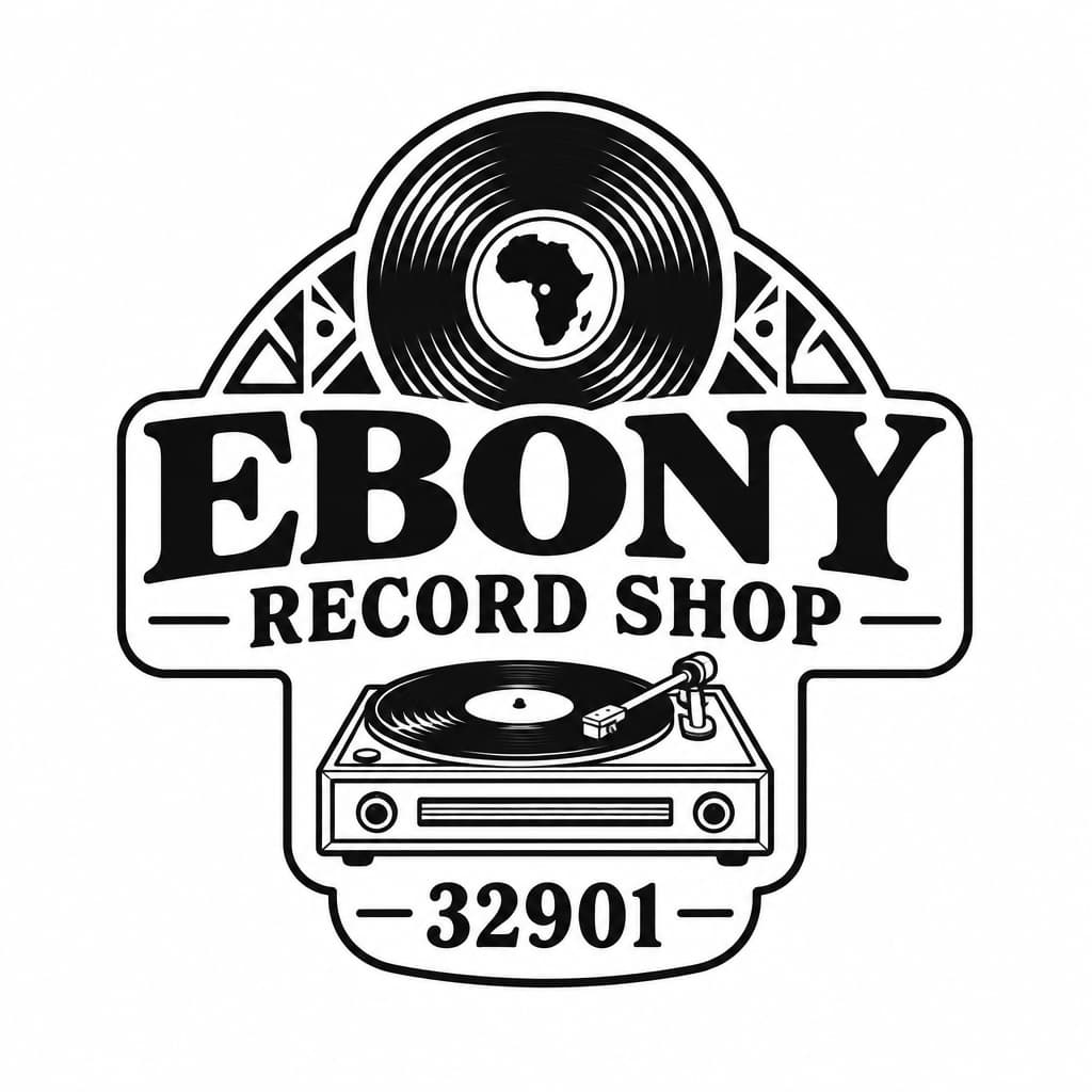 Ebony Record Shop logo: vintage record Afrocentric motif, add 32901, no people add a vintage record player make it into a vintage business sign