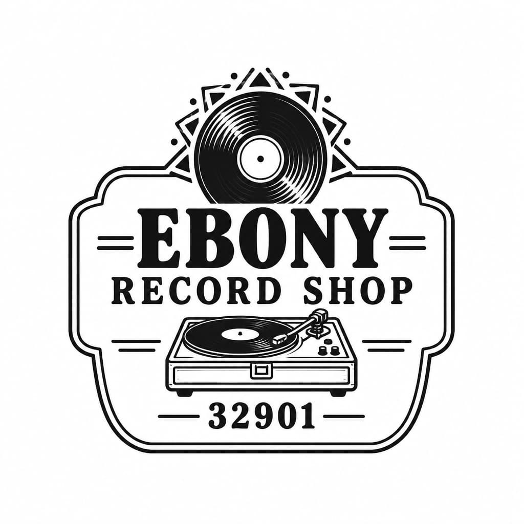 Ebony Record Shop logo: vintage record Afrocentric motif, add 32901, no people add a vintage record player make it into a vintage business sign