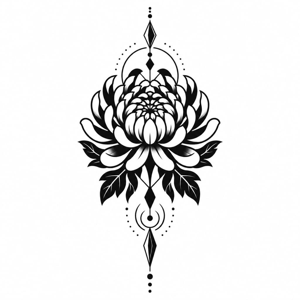 Bold simplified chrysanthemum, ornamental geometric accents, thick black lines, minimal detail, high-contrast negative space, leg: below-knee to ankle