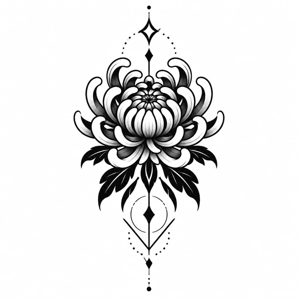 Bold simplified chrysanthemum, ornamental geometric accents, thick black lines, minimal detail, high-contrast negative space, leg: below-knee to ankle