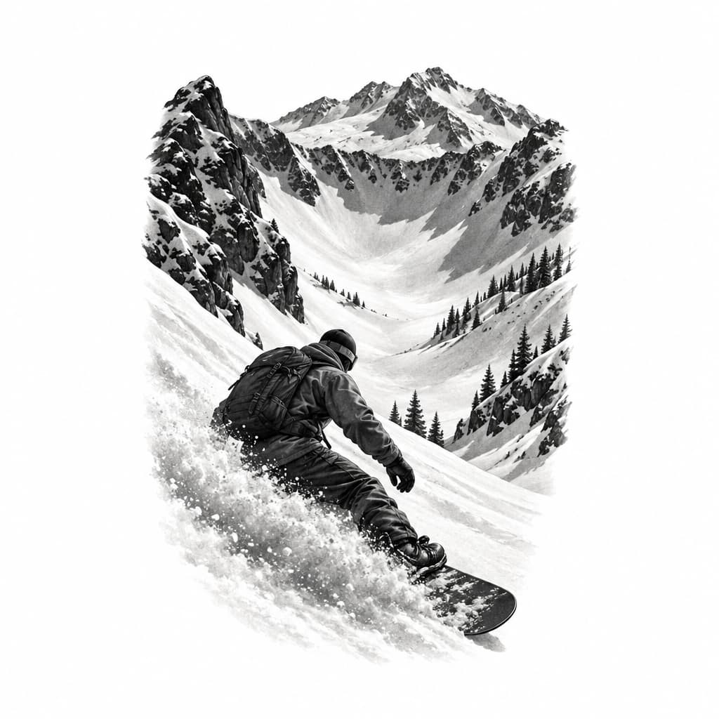 Backcountry snowboarding in a mountain bowl
