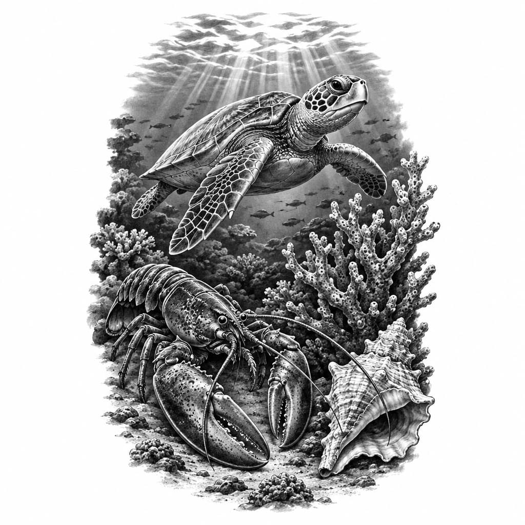 Under the Ocean with blue lobster, red Sea turtle, conch shell and coral