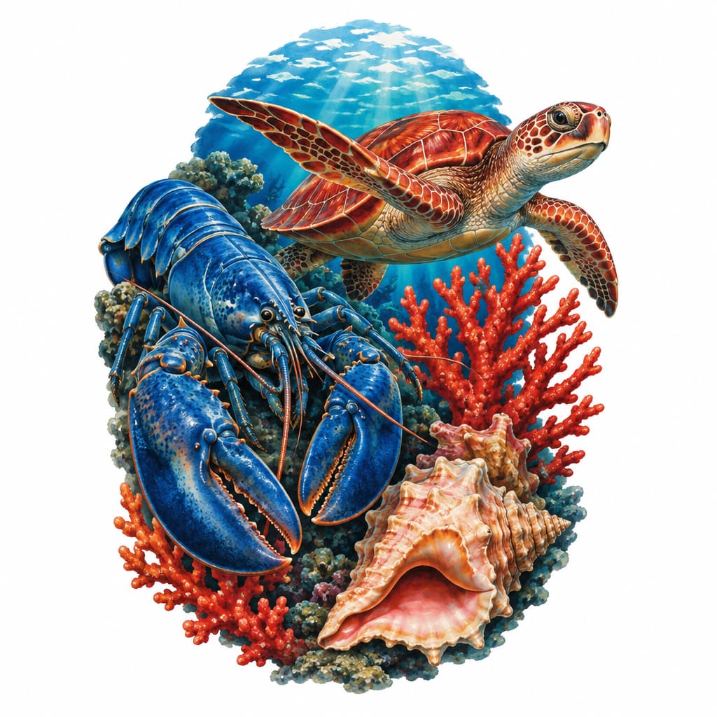 Under the Ocean with blue lobster, red Sea turtle, conch shell and coral