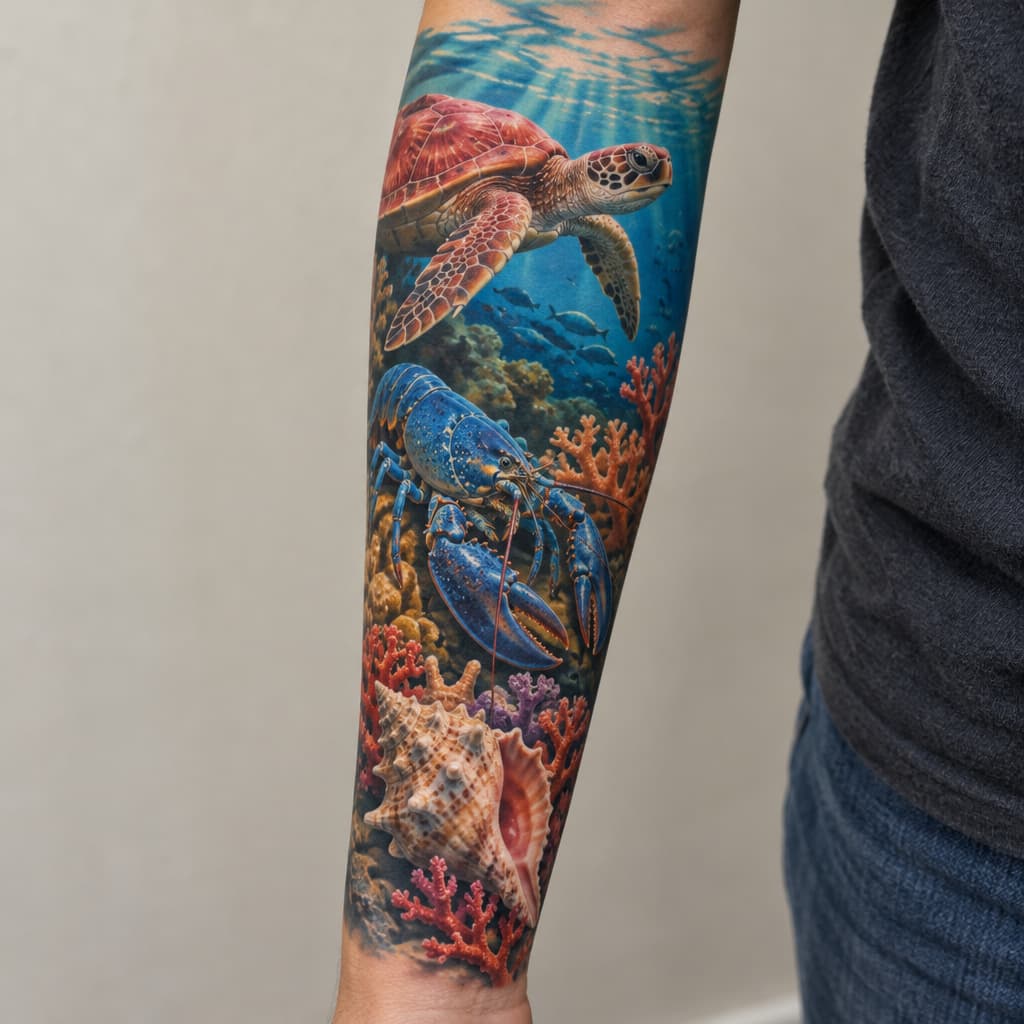 Under the Ocean with blue lobster, red Sea turtle, conch shell and coral wrapping around entire forearm