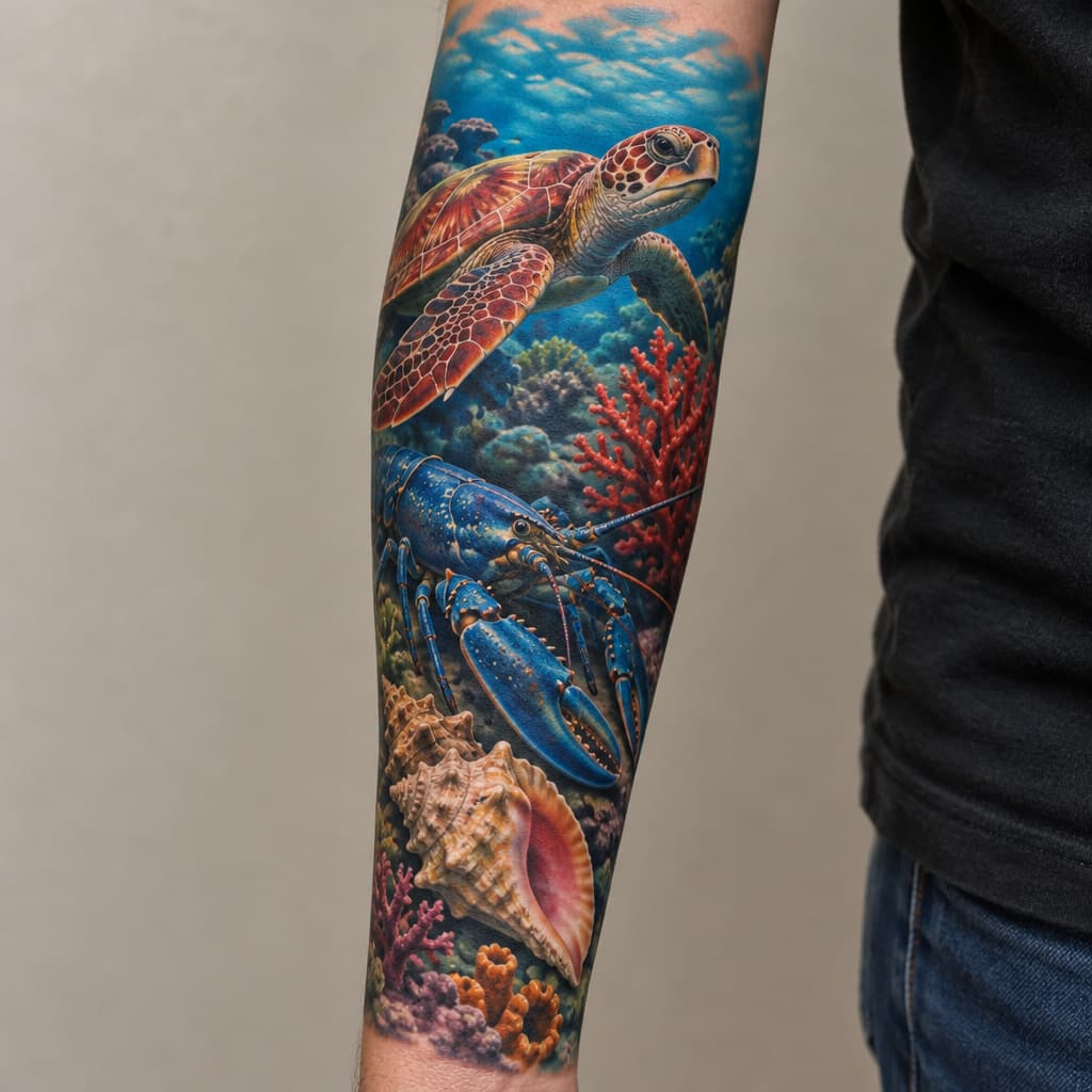 Under the Ocean with blue lobster, red Sea turtle, conch shell and coral wrapping around entire forearm