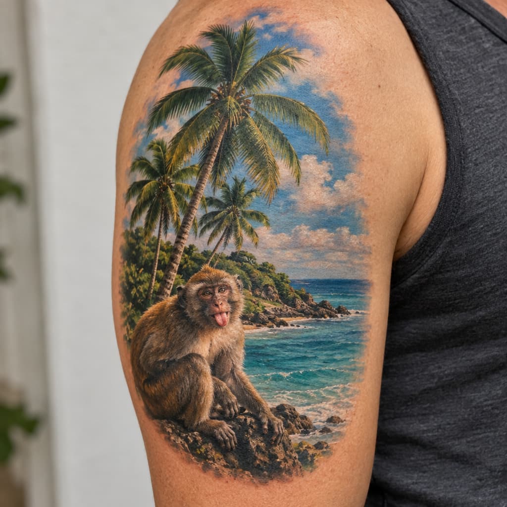 Above the Ocean island palm trees and horny monkey