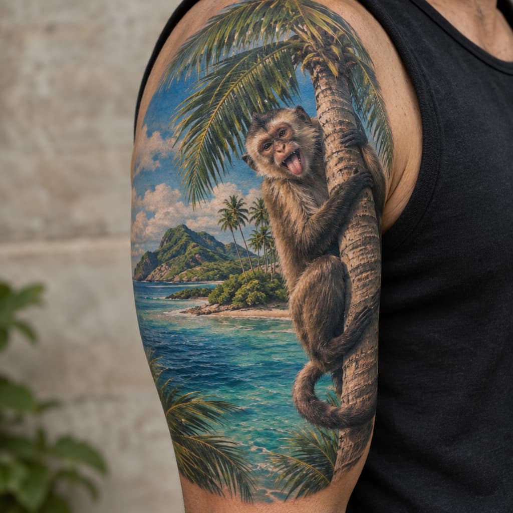 Above the Ocean island palm trees and horny monkey wrapping around entire upper arm