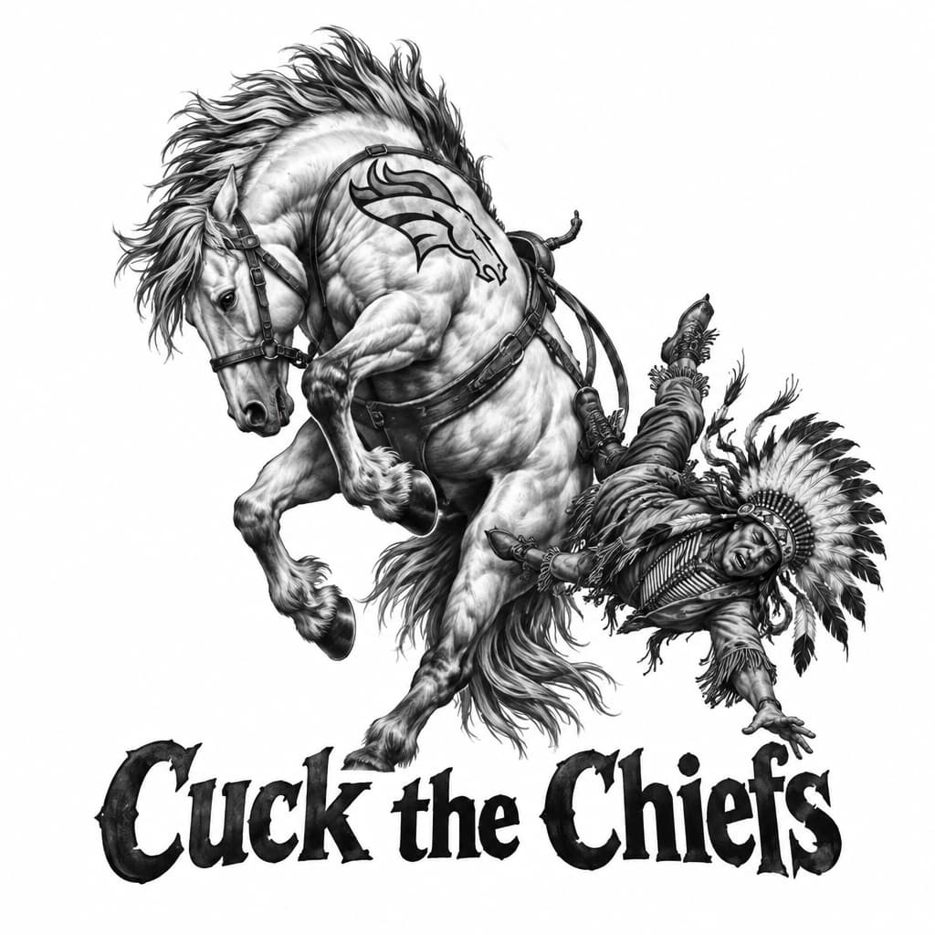 Denver broncos tattoo with a white horse bucking off an Indian chief. Says "Cuck the Chiefs"
