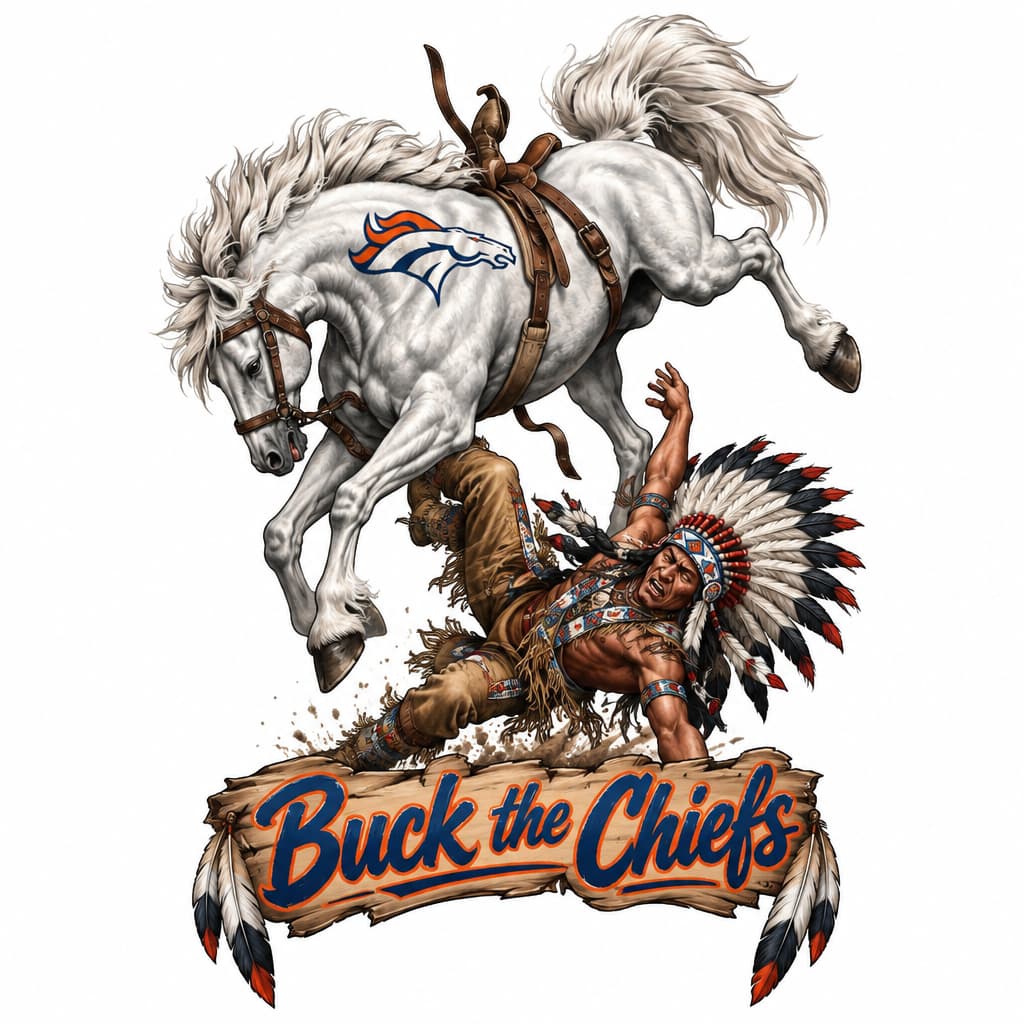 Denver broncos tattoo with a white horse bucking off an Indian chief. Says "Buck the Chiefs"