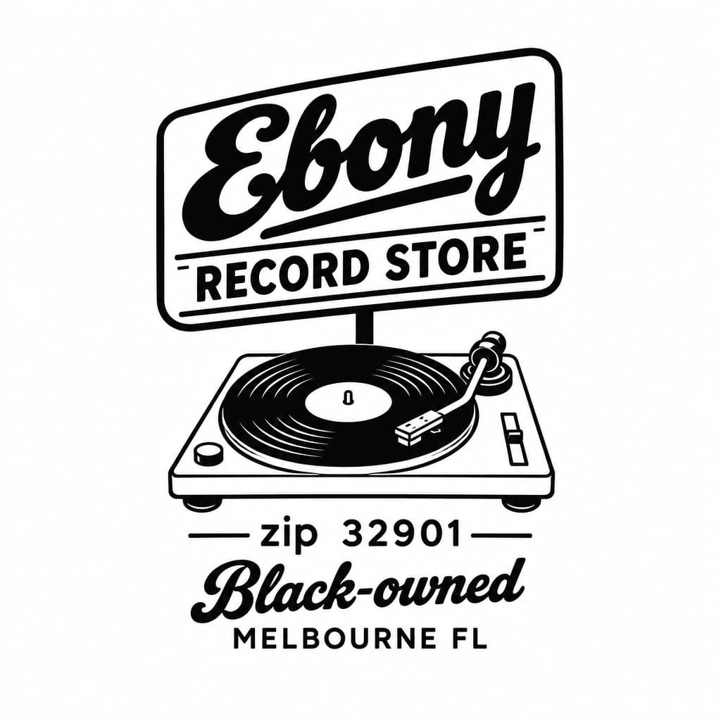 1970s vintage sign 'Ebony Record Store' with 80s turntable & vinyl, zip 32901; Black-owned Melbourne FL bold tattoo lines, retro script, black & white, no people