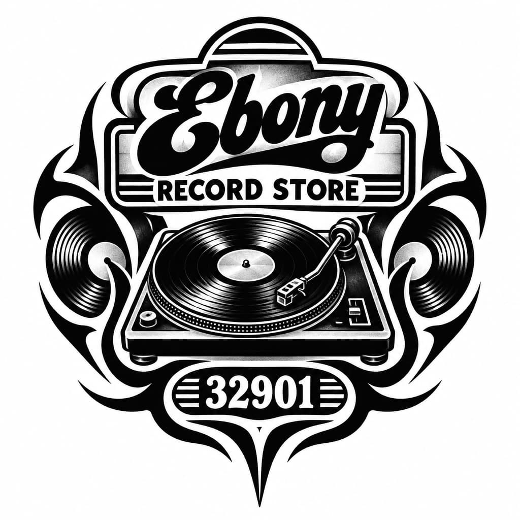 1970s vintage sign 'Ebony Record Store' with 80s turntable & vinyl, zip 32901; bold tattoo lines, retro script, black & white, no people