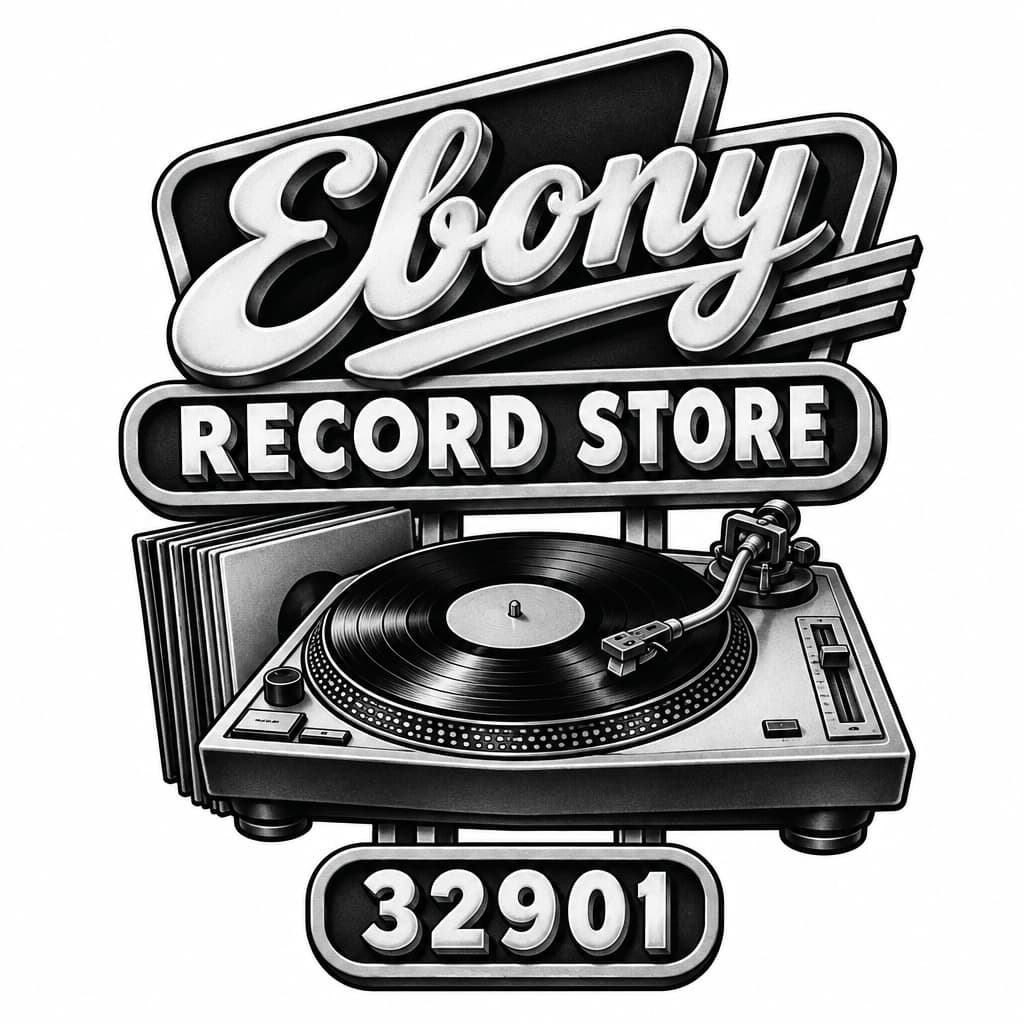 1970s vintage sign 'Ebony Record Store' with 80s turntable & vinyl, zip 32901; bold tattoo lines, retro script, black & white, no people