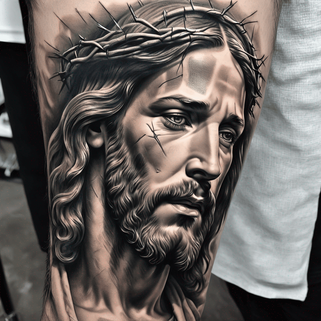 A detailed portrait of Jesus Christ, serene expression, with a subtle cross in the background.