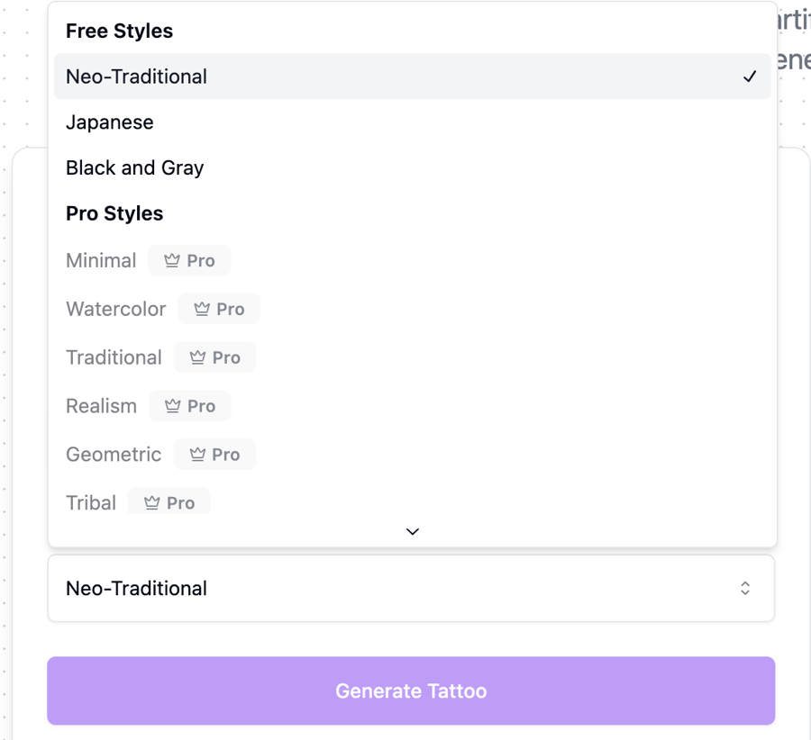 Ink Studio AI's available styles