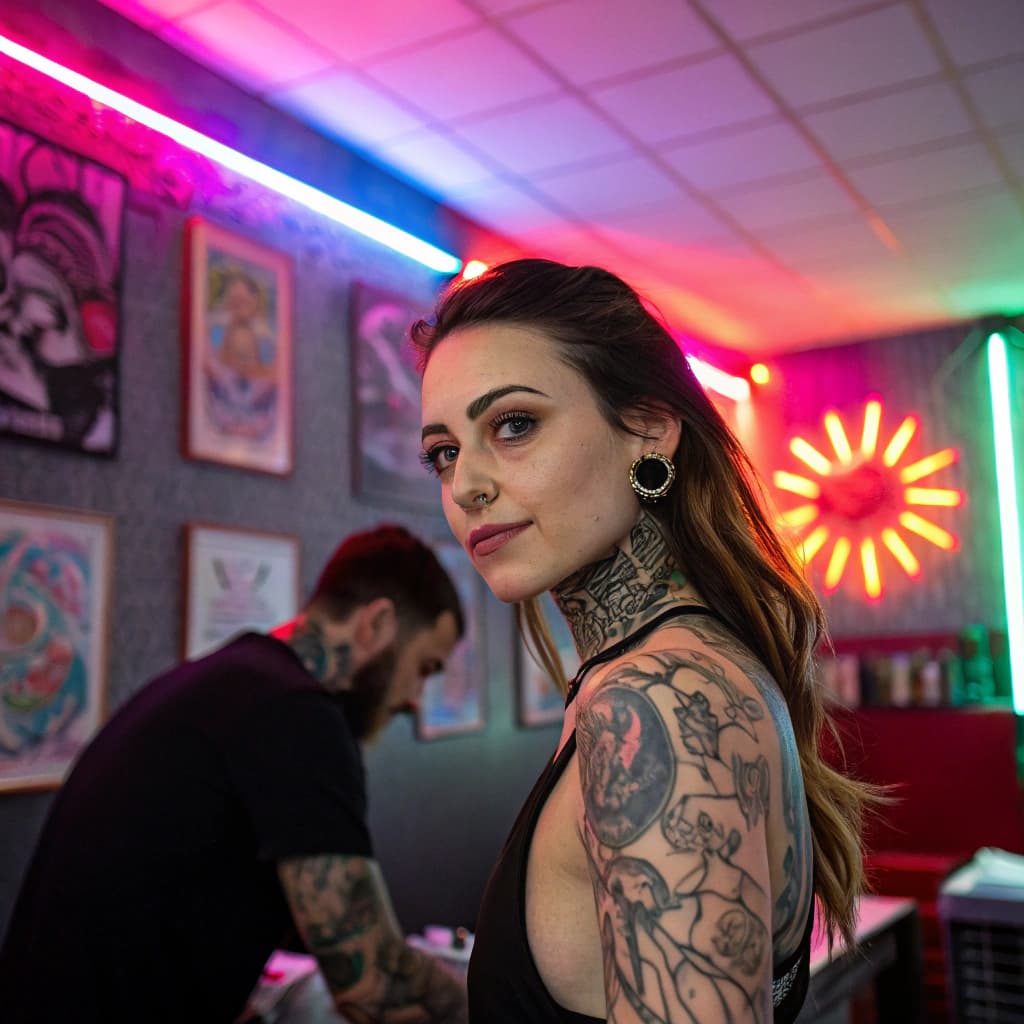 A girl in a tattoo studio